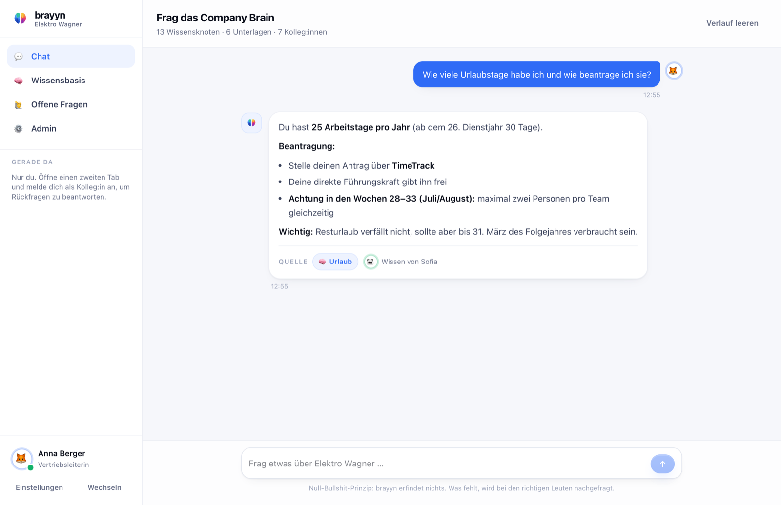 brayyn-Chat: Antwort auf eine Frage zum Urlaubsanspruch, darunter die Quelle aus dem Firmenwissen